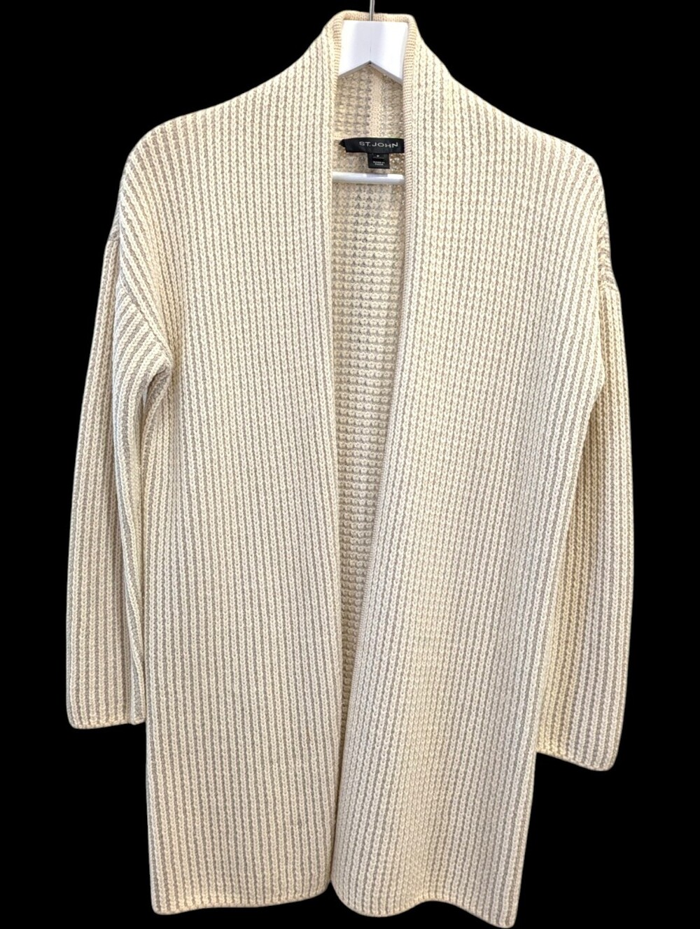 St. John Cardigan Petite P Tan Ribbed Knit Long Shawl Collar Open Front Draped
